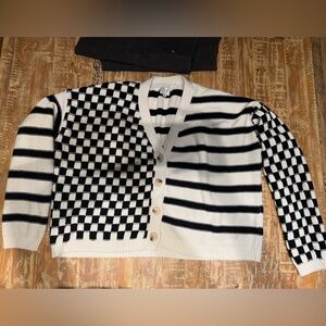 Blue Rain Black and White Striped and Checkered Cardigan Sweater
